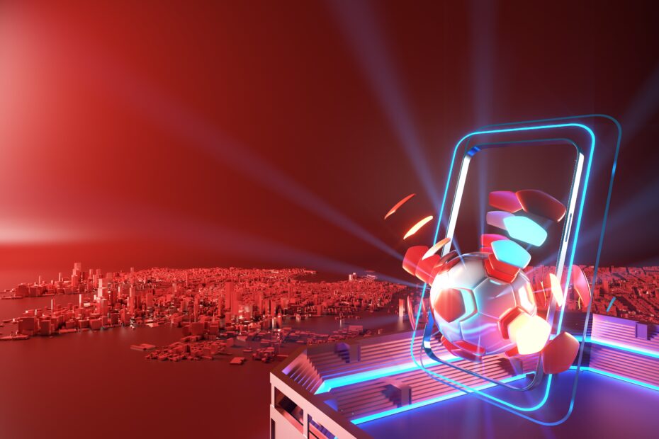 Imagem com uma cidade avermelhada ao fundo e um mockup de celular de onde saem bolas de futebol, representando as apostas esportivas e cassino