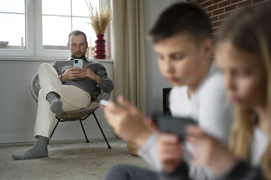 Um homem ao fundo e duas crianças desfocados à frente. O pai com o celular na mão, jogando, representa as apostas esportivas e sua regulamentação