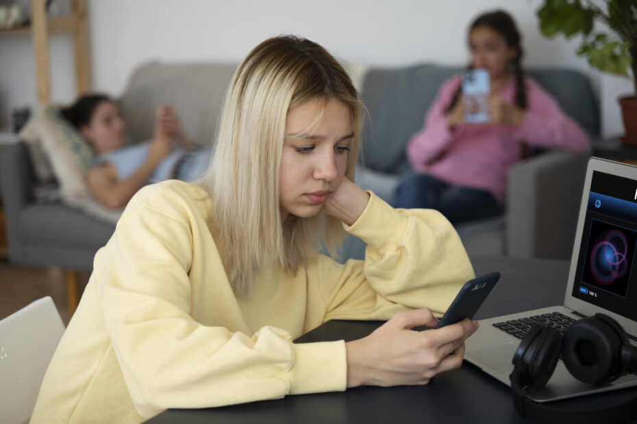 Uma jovem adolescentes loura em primeiro plano, vestida com uma blusa de moletom amarela e com um celular na mão. Ao fundo, outras duas adolescentes sentadas no sofá.
