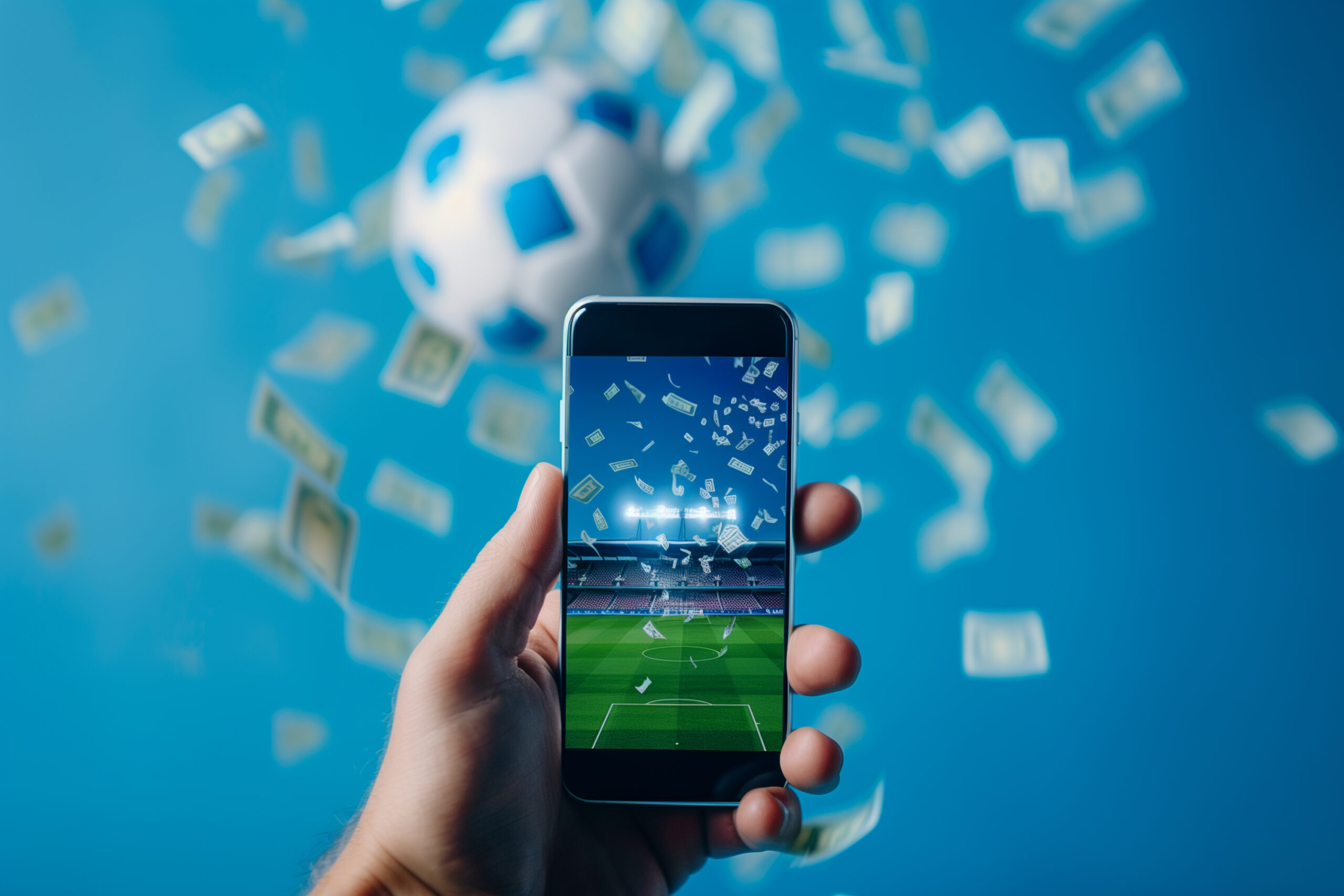A mão de um homem branco segura um celular que mostra na tela um campo de futebol e várias cédulas de dinheiro voando. Ao fundo, uma bola de futebol voando ao lado de várias cédulas de dinheiro.