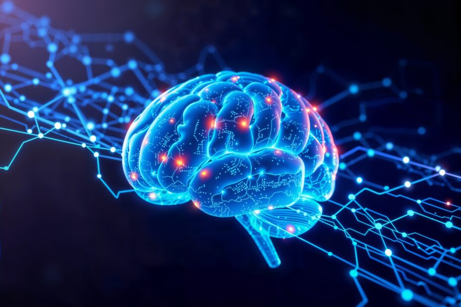 Ilustração digital de um cérebro humano em estilo futurista, brilhando em tons de azul com pontos de luz vermelhos, simbolizando atividade neural. Ao fundo, há conexões em rede com linhas e pontos luminosos.