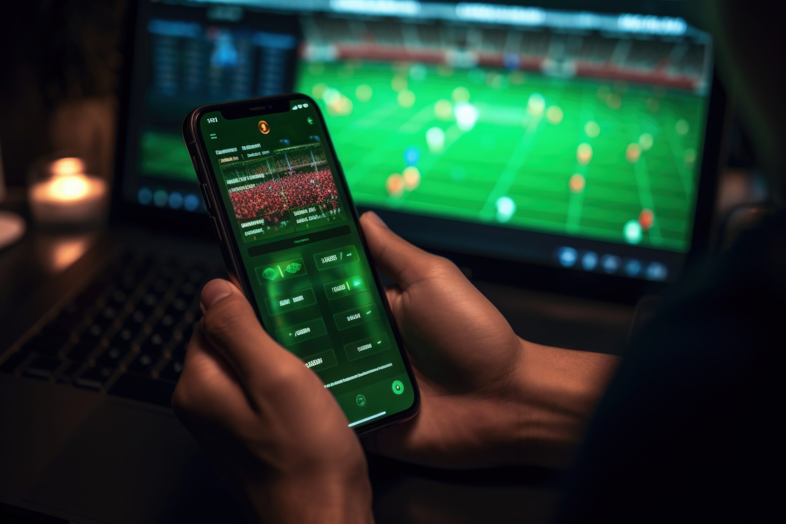 Pessoa segurando um smartphone com interface de apostas esportivas aberta, exibindo um jogo de futebol e opções de apostas. Ao fundo, uma tela de computador mostra a simulação de uma partida de futebol em tempo real. O ambiente está em baixa iluminação, sugerindo foco e imersão na atividade