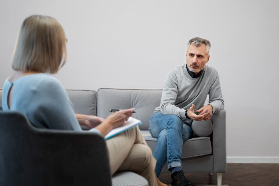 Homem de meia-idade sentado em um sofá cinza, conversando com uma profissional que faz anotações em um caderno. Ambos estão em um ambiente claro e reservado, sugerindo uma sessão de terapia ou aconselhamento.