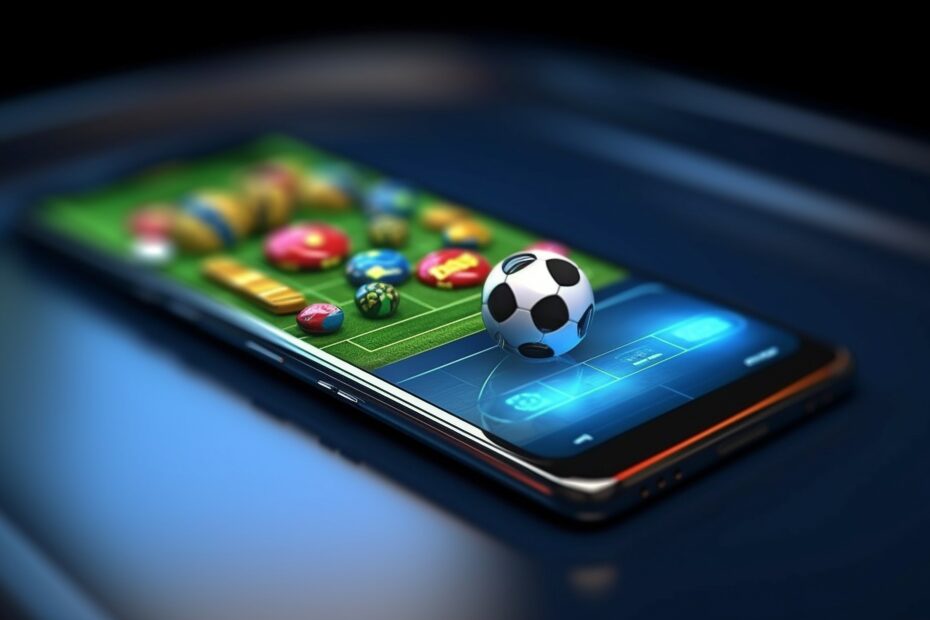 Ilustração de um smartphone com tela mostrando uma interface de apostas esportivas, com campo de futebol e ícones coloridos de jogos. Uma bola de futebol em 3D parece sair da tela, representando a imersão e o dinamismo dos sites de apostas online.