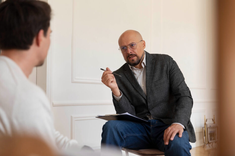 Homem careca e de óculos, vestido com blazer cinza e camisa clara, segura uma caneta enquanto conversa com outra pessoa. Ele está sentado em uma cadeira com uma prancheta no colo, em um ambiente interno claro e formal, sugerindo uma sessão de orientação ou aconselhamento.
