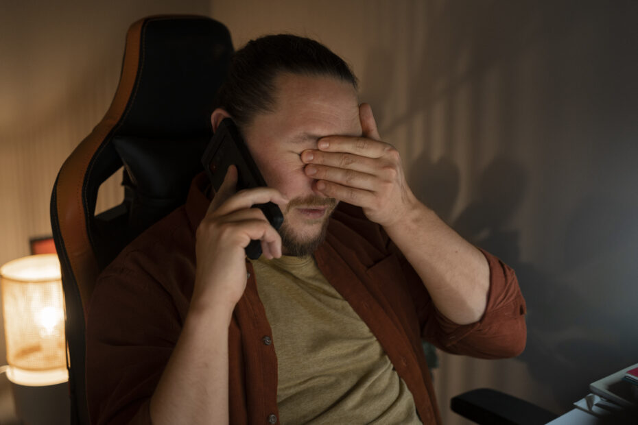 Homem sentado em uma cadeira de escritório, segurando um telefone celular com uma mão enquanto cobre os olhos com a outra, demonstrando cansaço ou estresse. A iluminação é suave, com sombras projetadas na parede e um abajur aceso ao fundo.